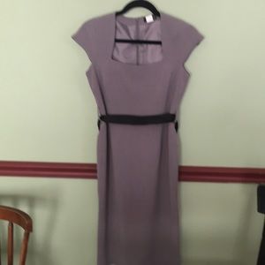 square neck line with black satin ribbon belt
